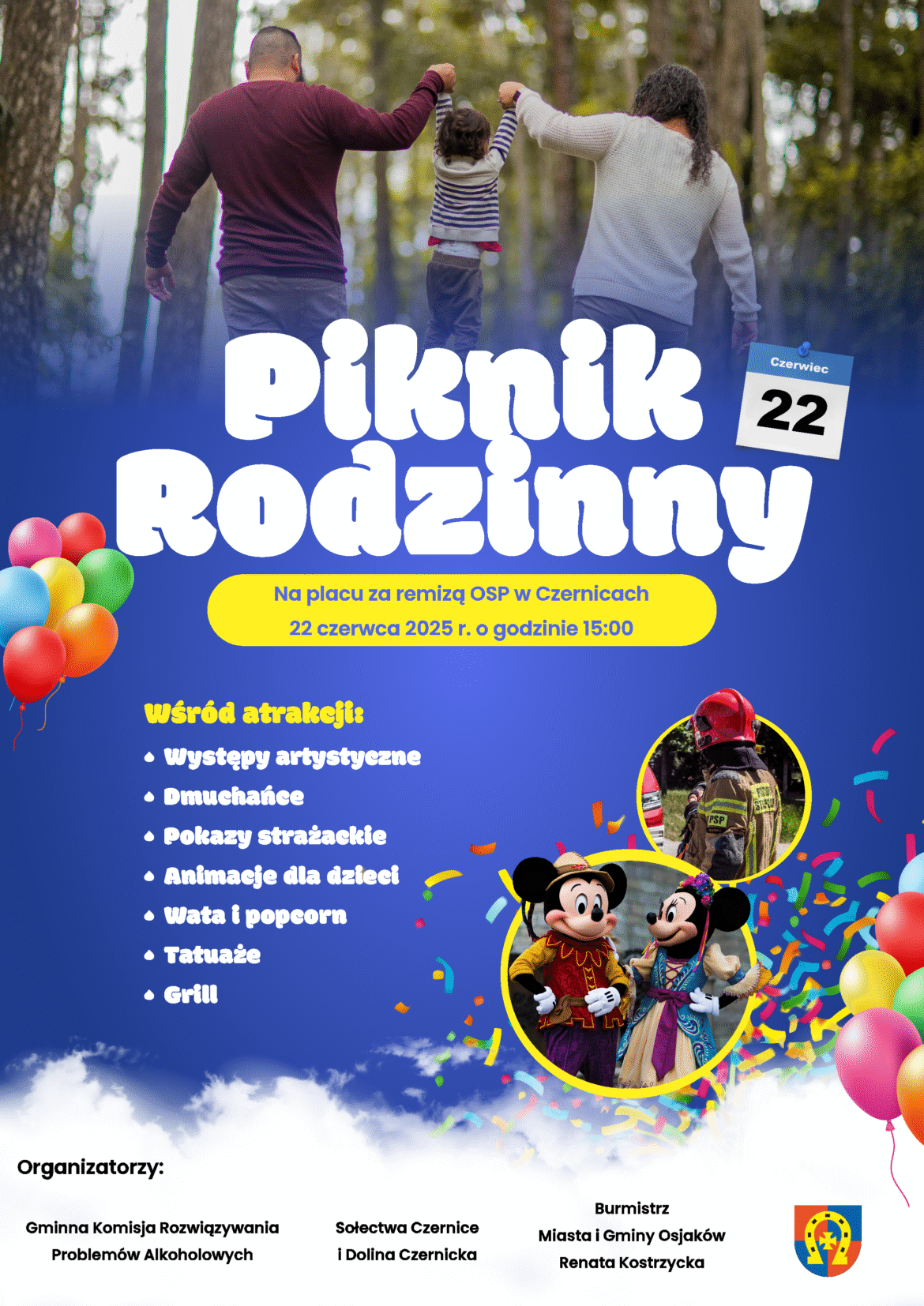 Zaproszenie na piknik rodzinny, który odbędzie się 22 czerwca 2025 roku na placu w Czernicach.