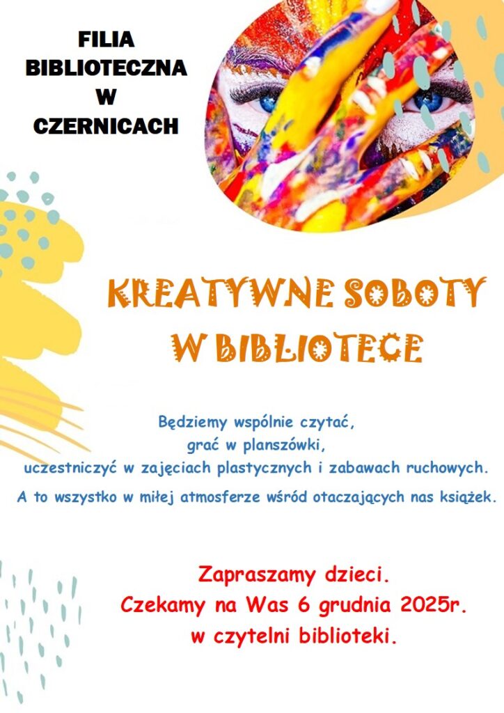 Plakat przedstawiający zaproszenie na sobotnie spotkanie z dziećmi, które odbędzie się 6 grudnia 2026 roku.